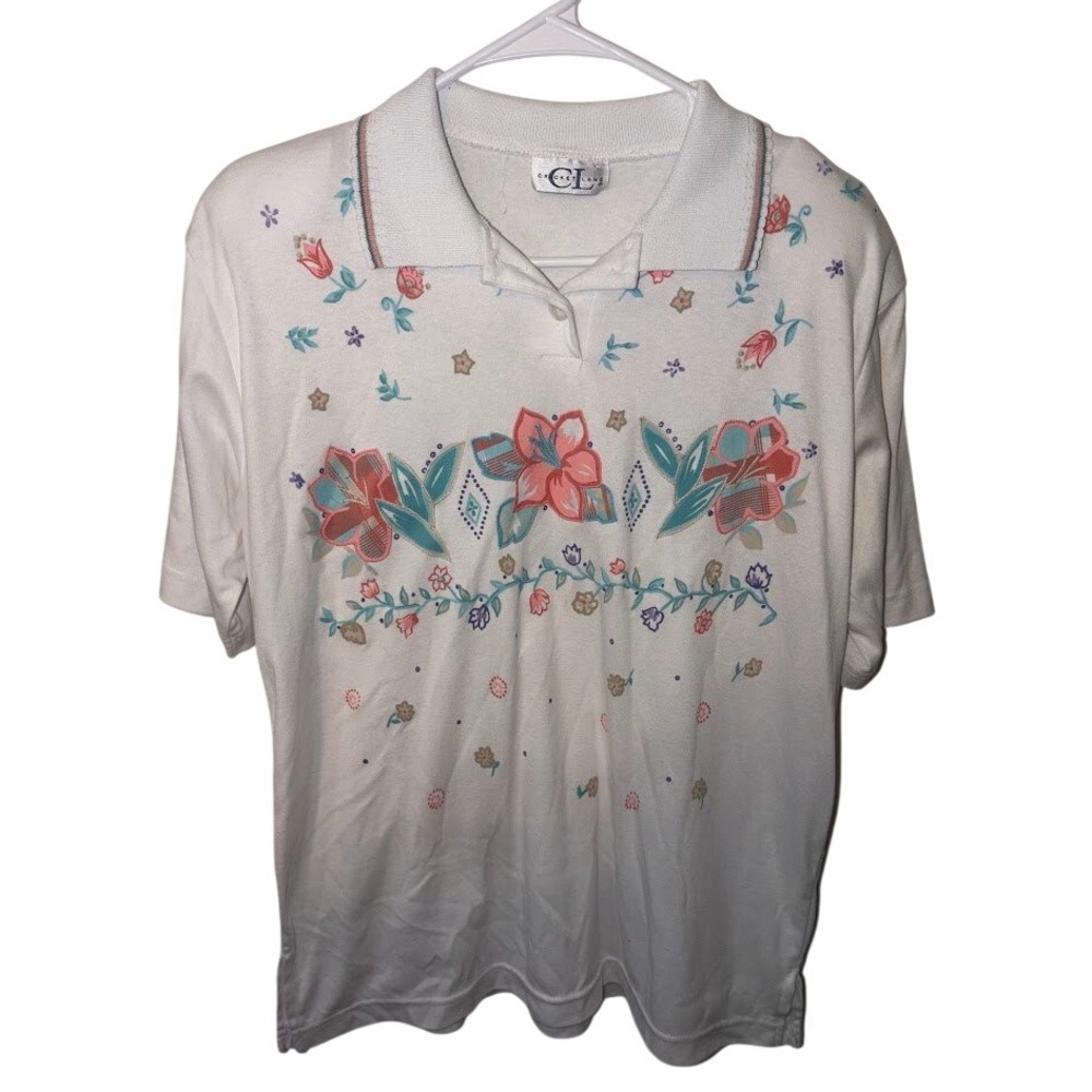 Vintage Cricket Lane Womens White Floral Short Sleeve Polo Shirt Medium AL1145
